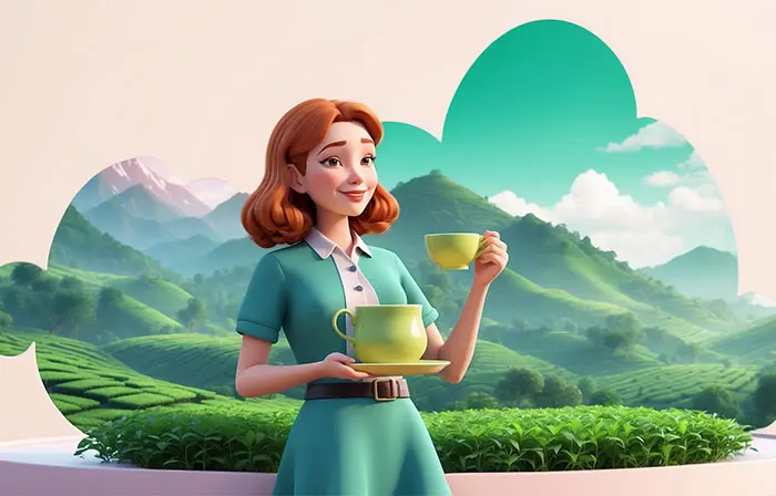 Woman Holding a Cup in Tea Farm 3D Picture Illustration